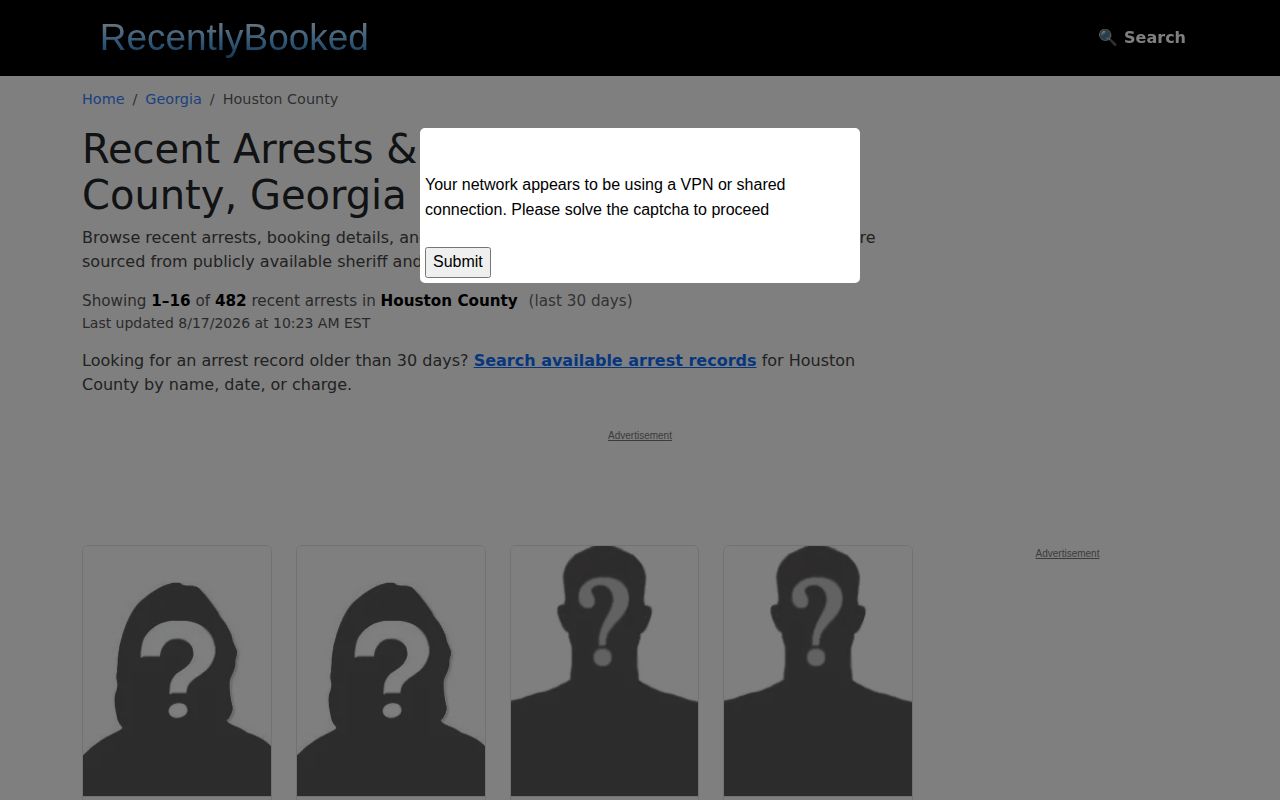 Unofficial RecentlyBooked Houston County arrest-record section