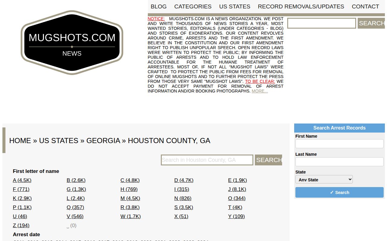 Unofficial historical Mugshots.com Houston County section