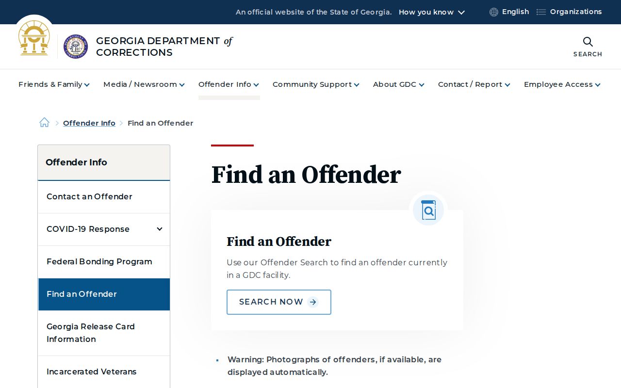 Georgia Department of Corrections offender search landing page
