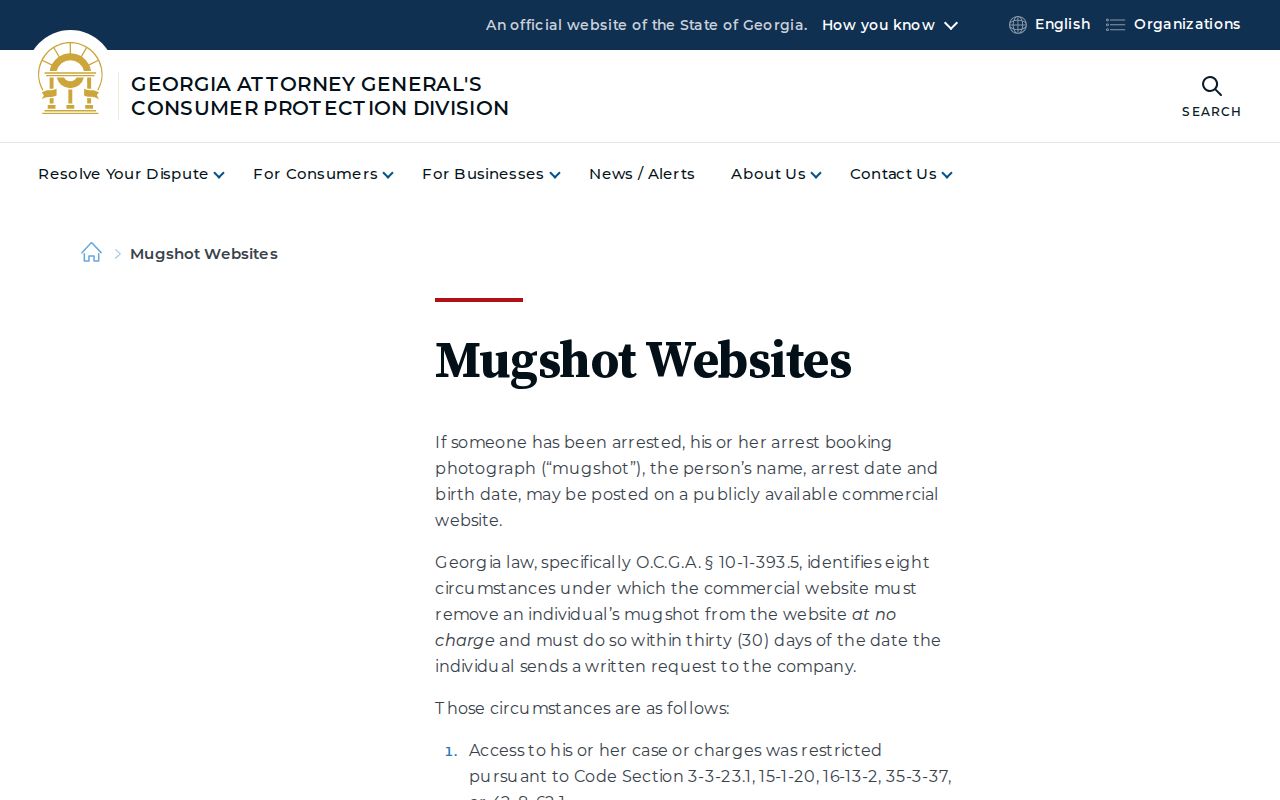 Georgia Attorney General mugshot-removal information for Houston County records