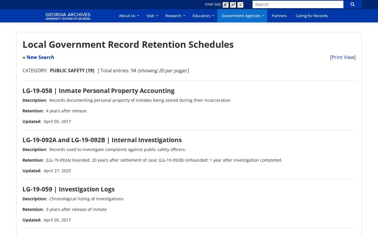 Georgia Archives jail booking records retention schedule