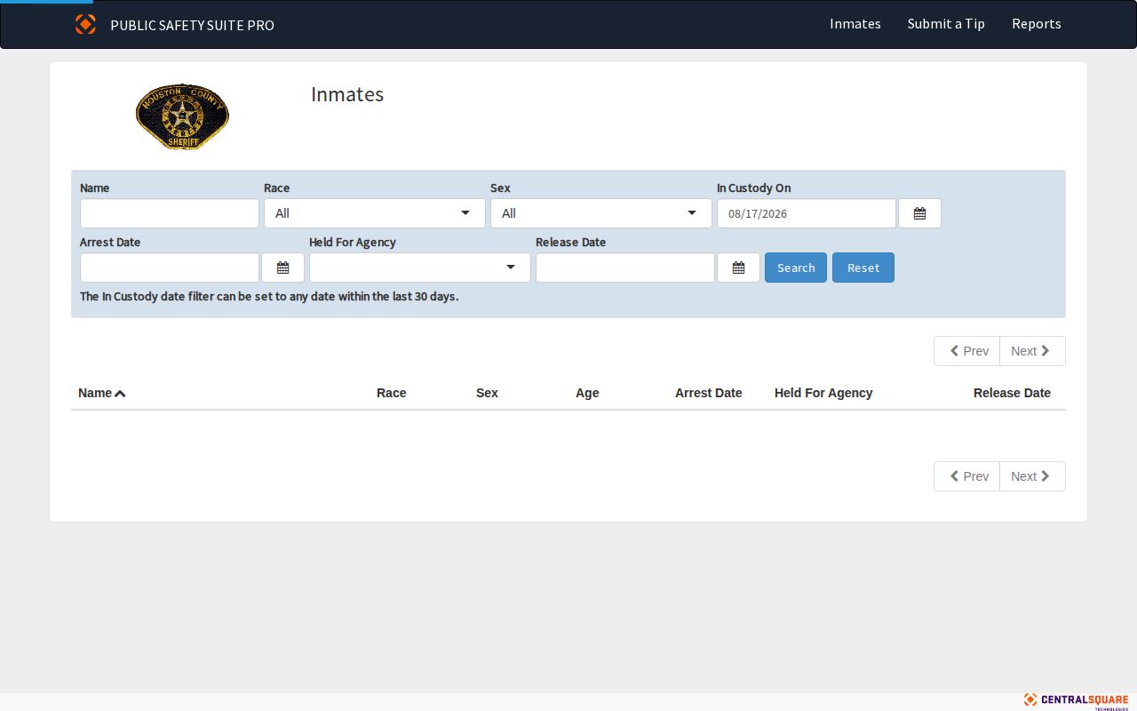 Official Houston County jail roster search interface