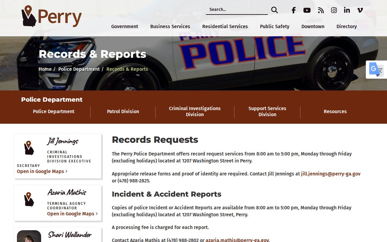 Houston County Perry Police Department arrest-record request page